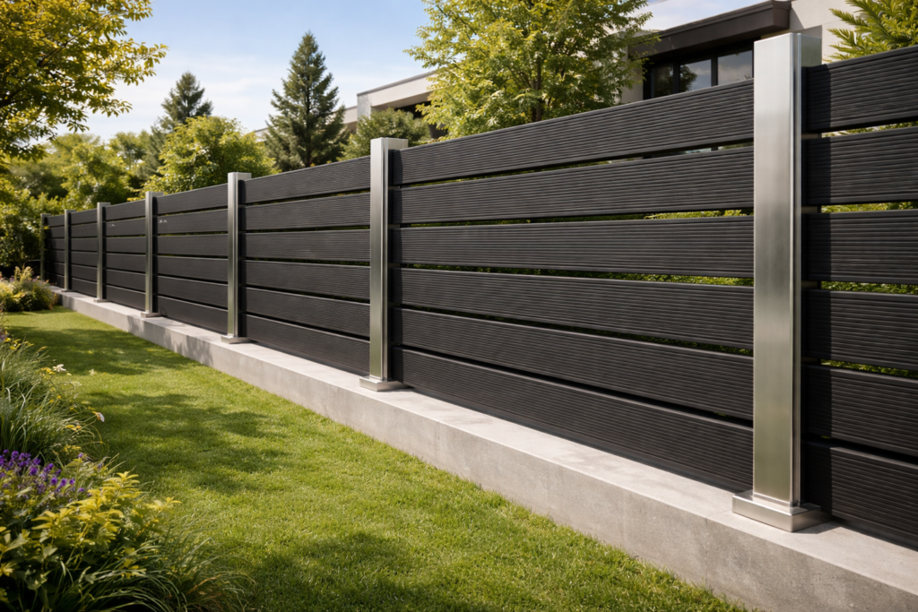 WPC φράχτης διπλής όψης σε σύγχρονη αυλή κατοικίας