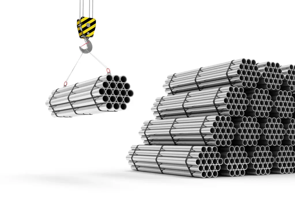 Crane Hook with Stack of Steel Metal Tubes isolated on white background - Εsteel Τrade Εμπόριο Σιδήρου σωλήνες χάλυβα γαλβανισμένοι εν θερμώ