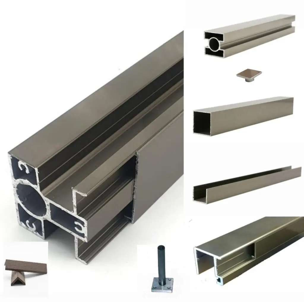 Set of aluminum extrusion profiles and connectors for modular framing systems, including T-slot rails, square tubing, and mounting accessories.