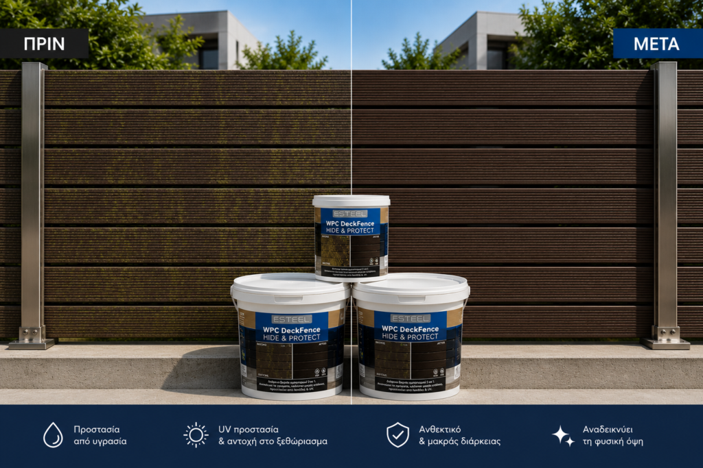 Three buckets of Esteel WPC DeckFence Hide & Protect in front of a dark wooden fence, with a split-screen comparison (left labeled PRIN, right META). A bottom navy banner shows Greek feature icons.