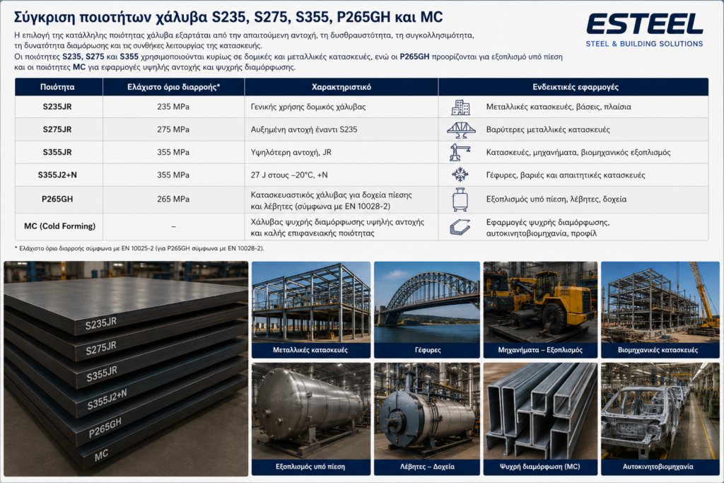 Σύγκριση Ποιοτήτων Χάλυβα S235, S275, S355, P265GH και MC - Εsteel Τrade Εμπόριο Σιδήρου - Εsteel Τrade Εμπόριο Σιδήρου Σύγκριση ποιοτήτων χάλυβα S235, S275, S355, P265GH και MC και ενδεικτικές εφαρμογές esteel